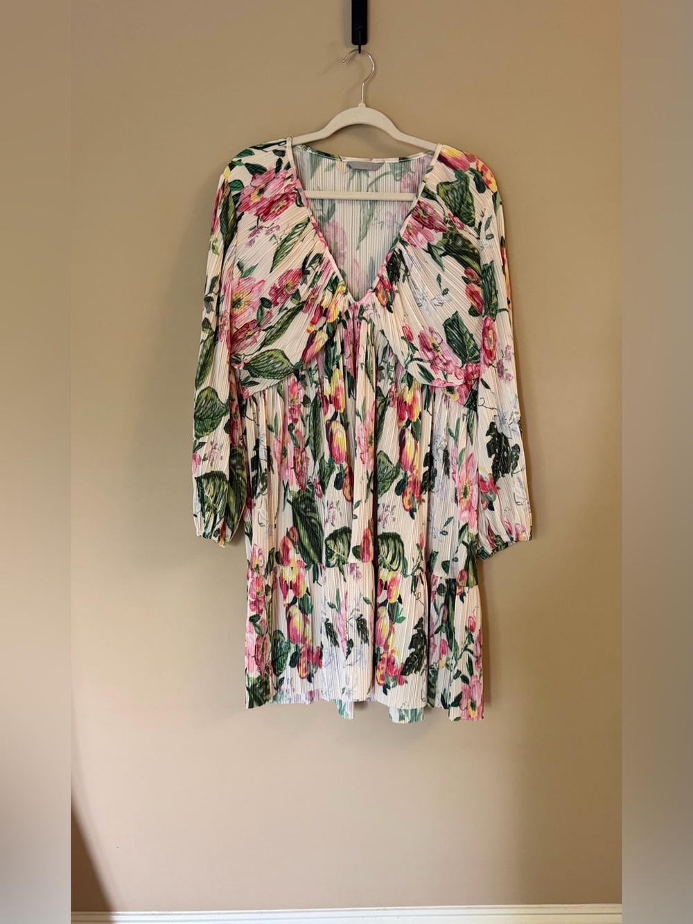 H&M White Floral Mini Dress with Pink and Green Print